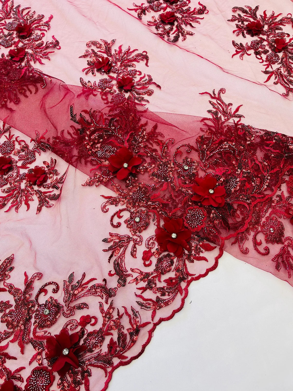 3D Floral Rhinestone Fabric - Burgundy - Beaded Flower Clusters with Rhinestones and Sequins By Yard
