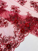 3D Floral Rhinestone Fabric - Burgundy - Beaded Flower Clusters with Rhinestones and Sequins By Yard