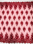 3D Fancy Floral Design Fabric - Burgundy - 3D Flower Fabric with Small Beads on Lace Sold By Yard