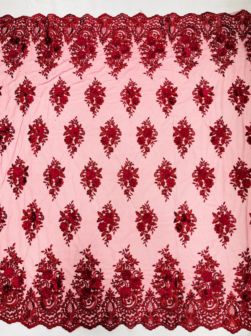 3D Fancy Floral Design Fabric - Burgundy - 3D Flower Fabric with Small Beads on Lace Sold By Yard