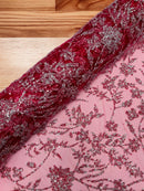 Floral Silver Beaded Fabric - Burgundy - Flower Design with Silver Beads and Sequins on Lace by Yard