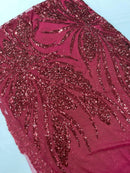 Wavy Leaf Sequins Fabric - Burgundy - Wavy Lines and Leaves Design on Lace Mesh Fabric by Yard