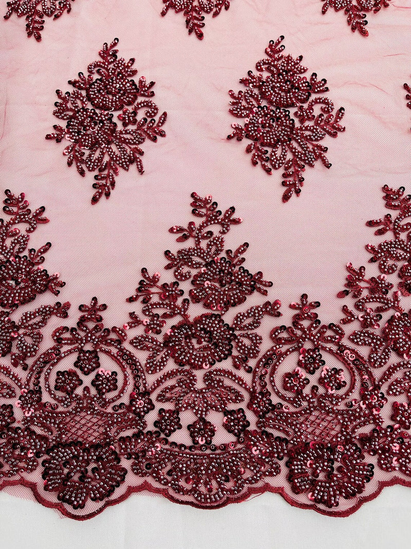 Heavy Beaded Floral Fabric - Burgundy - Luxury Heavy Duty Bead Bridal Floral Cluster Lace Fabric by the yard