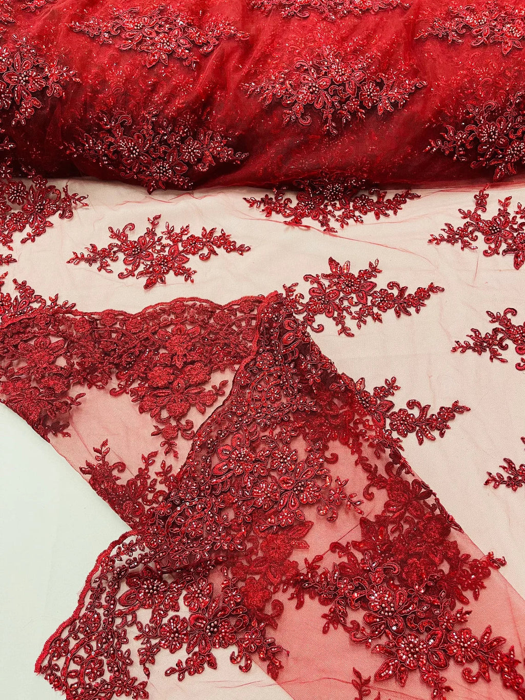 Beaded Shiny Floral Cluster - Burgundy - Embroidered Luxury Floral Design by Yard