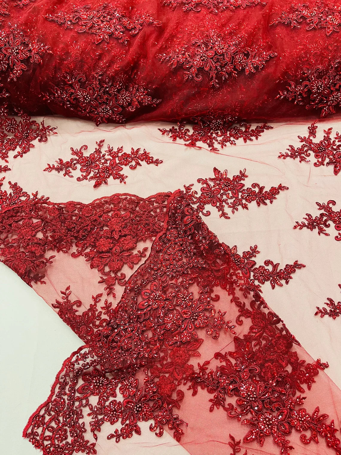 Beaded Shiny Floral Cluster - Burgundy - Embroidered Luxury Floral Design by Yard