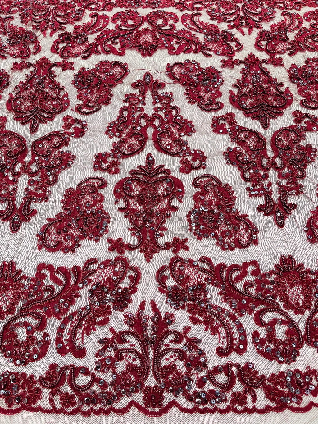 Beaded My Lady Damask Design - Burgundy - Beaded Fancy Damask Embroidered Fabric By Yard