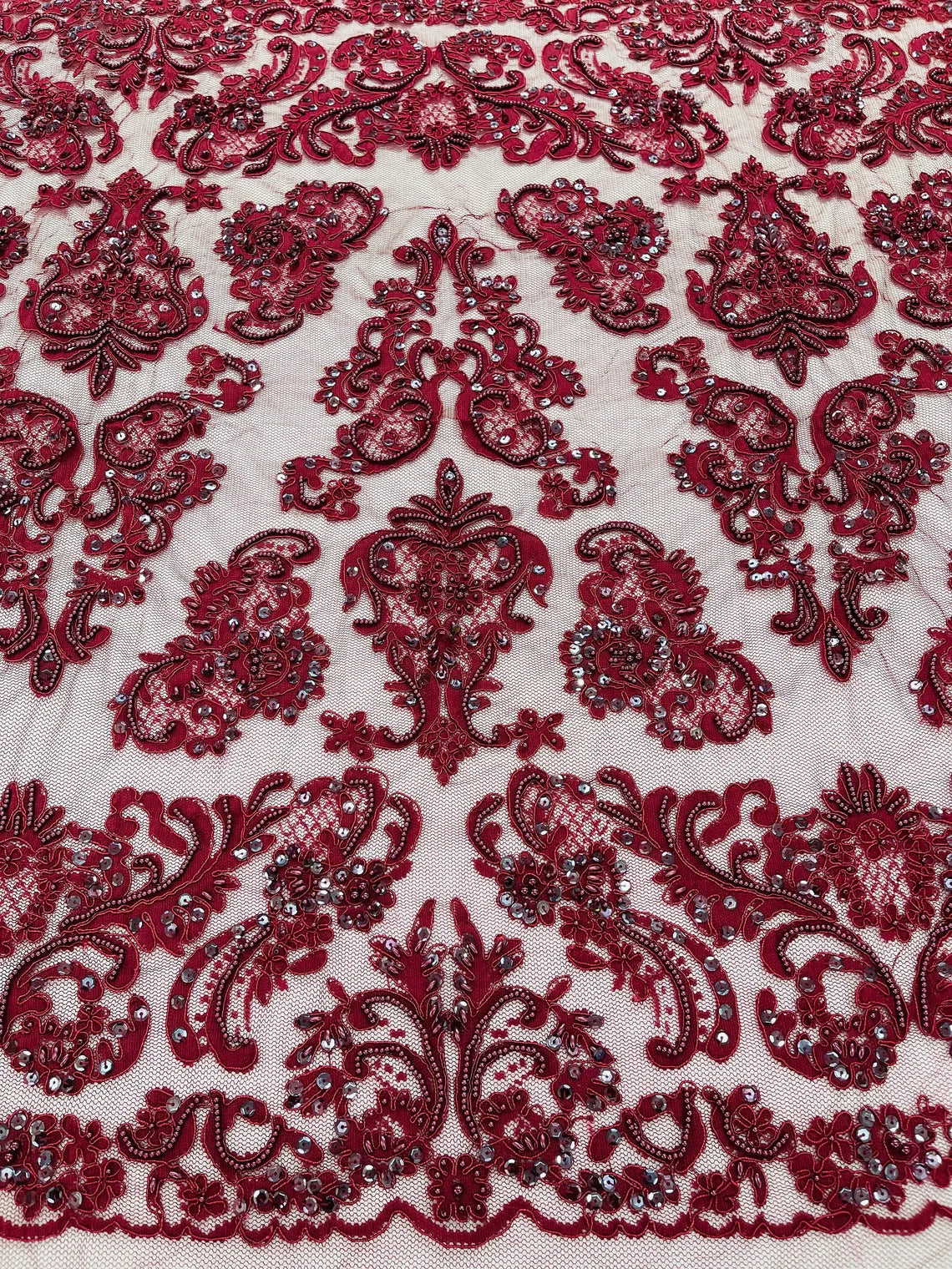 Beaded My Lady Damask Design - Burgundy - Beaded Fancy Damask Embroidered Fabric By Yard