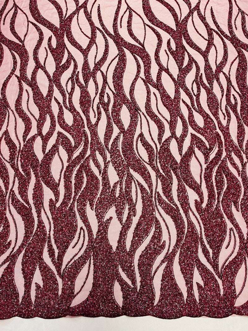 Fire Flames Design Bead Fabric - Burgundy - Beaded Embroidered Fire Pattern Fabric By Yard