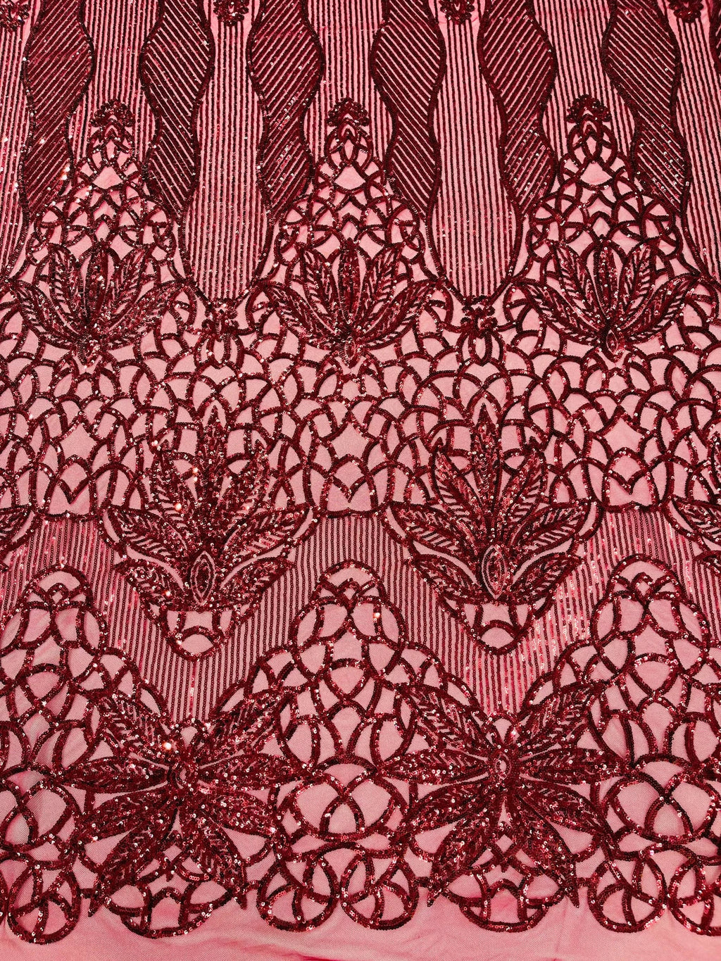 Elegant Floral Leaf Design - Burgundy - 4 Way Stretch Sequins Lace Spandex Fabric By Yard