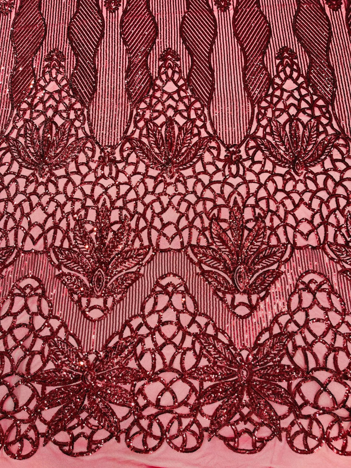 Elegant Floral Leaf Design - Burgundy - 4 Way Stretch Sequins Lace Spandex Fabric By Yard