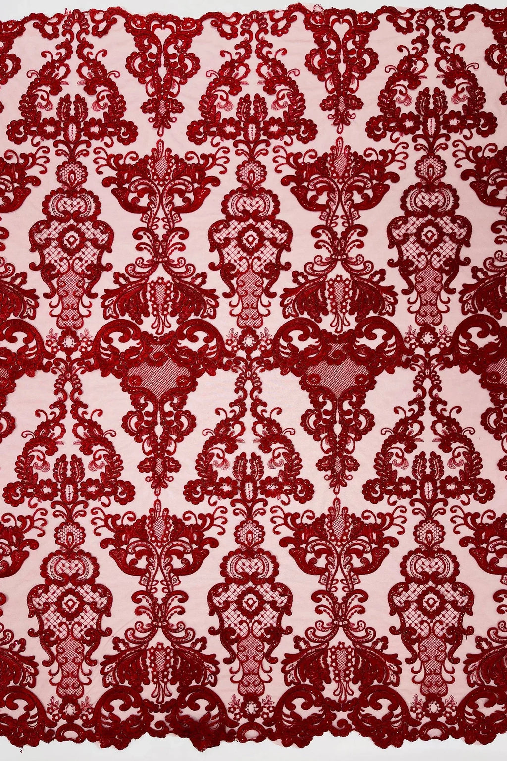King Lace Pattern Fabric - Burgundy - Embroidered Sequins on Lace Mesh Fabric By Yard