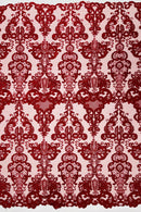 King Lace Pattern Fabric - Burgundy - Embroidered Sequins on Lace Mesh Fabric By Yard