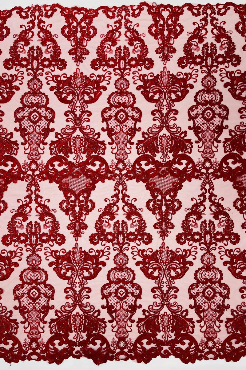 King Lace Pattern Fabric - Burgundy - Embroidered Sequins on Lace Mesh Fabric By Yard