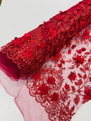 3D Flower Glitter Fabric - Burgundy - Floral Glitter Sequin Design on Lace Mesh Fabric by Yard
