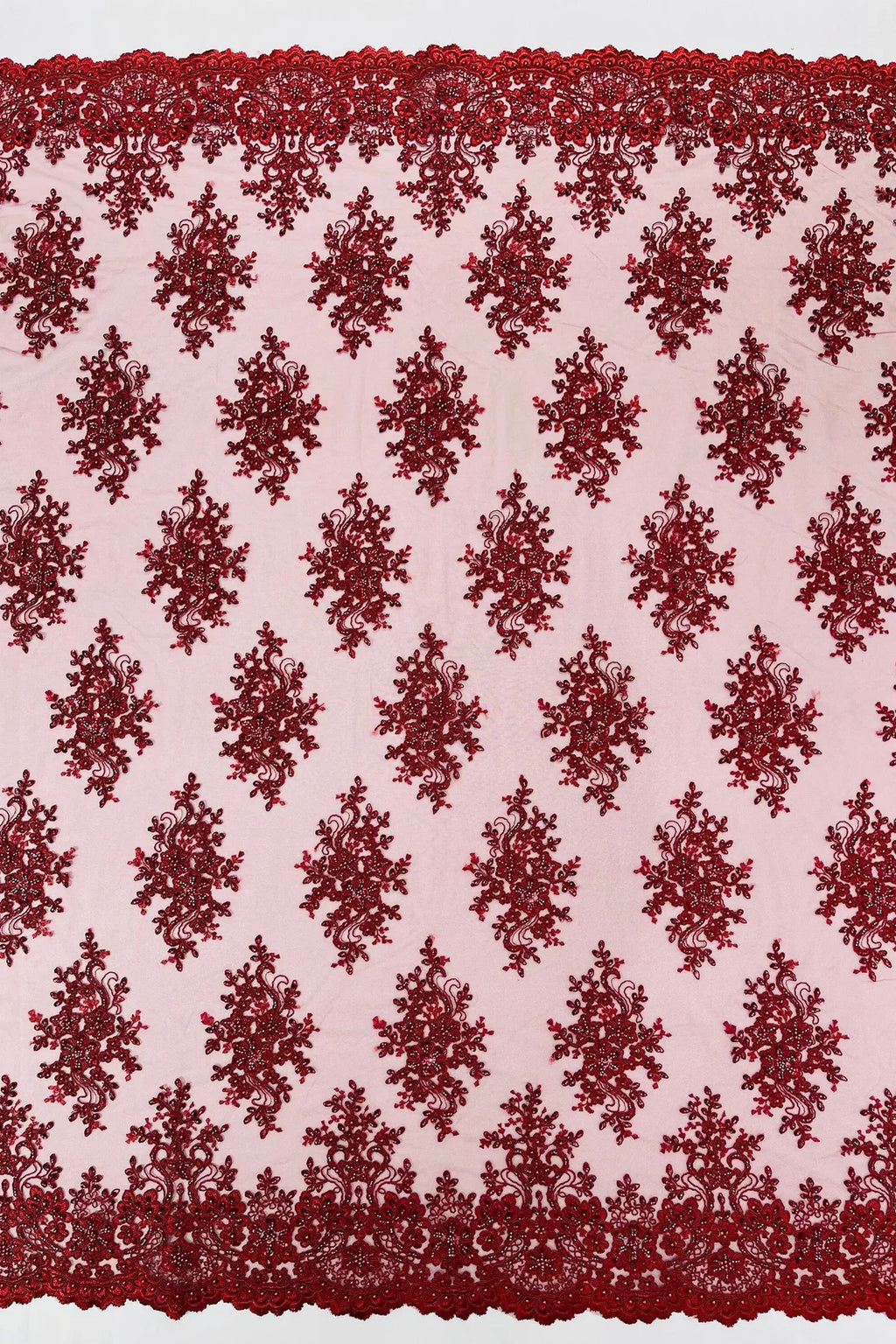 Floral Pearl Bead Fabric - Burgundy - Flower Design with Beads and Sequins Fabric Sold By Yard