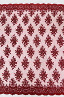 Floral Pearl Bead Fabric - Burgundy - Flower Design with Beads and Sequins Fabric Sold By Yard