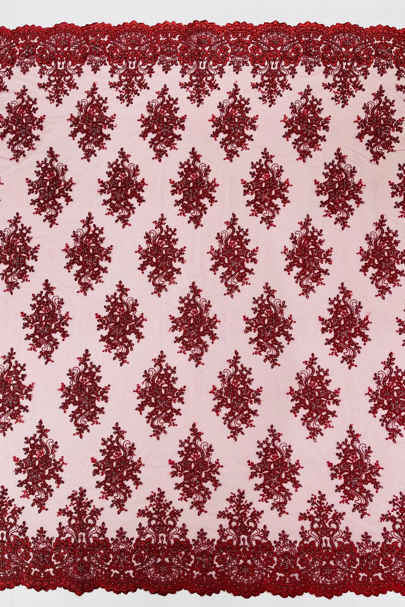 Floral Pearl Bead Fabric - Burgundy - Flower Design with Beads and Sequins Fabric Sold By Yard