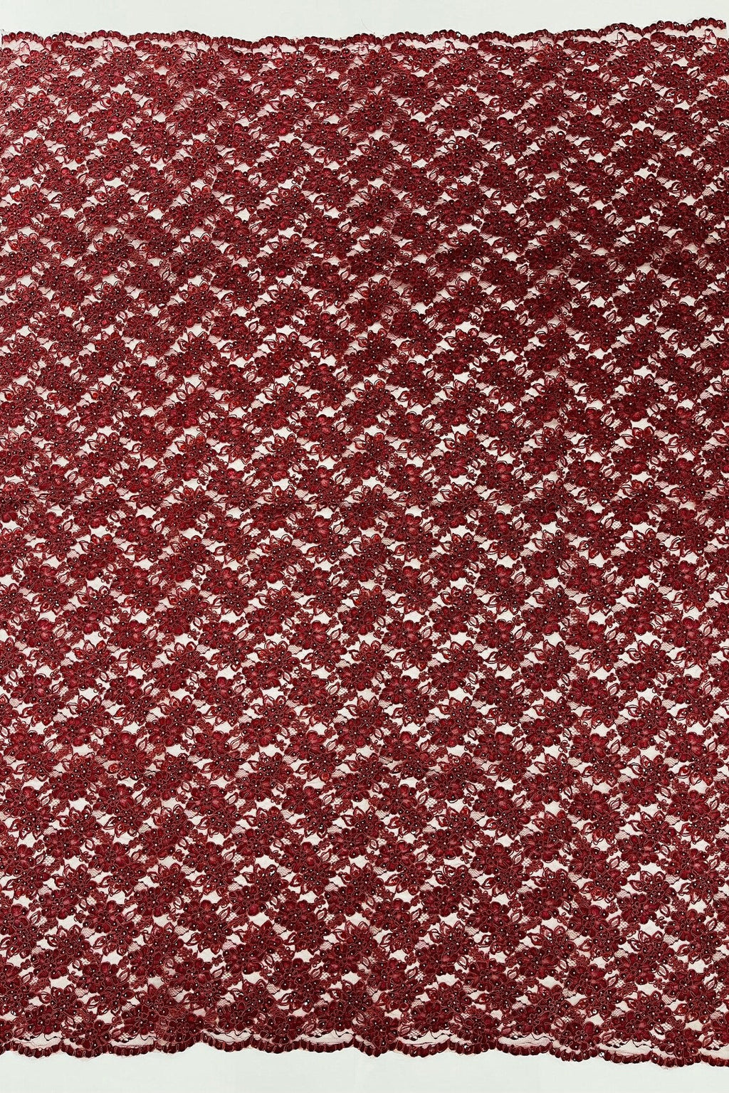 Floral Pearls and Sequins Fabric - Burgundy - Beaded Fabric Embroidered Lace By The Yard