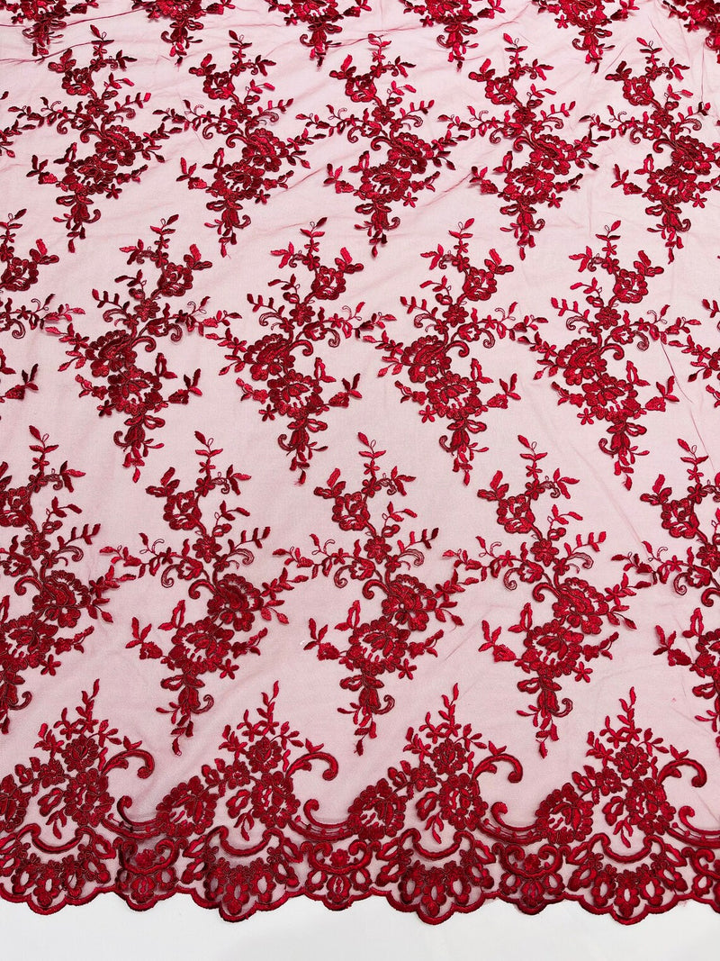 Floral Plant Lace Fabric - Burgundy - Embroidery Flower Small Leaf Design Lace Fabric Sold By Yard