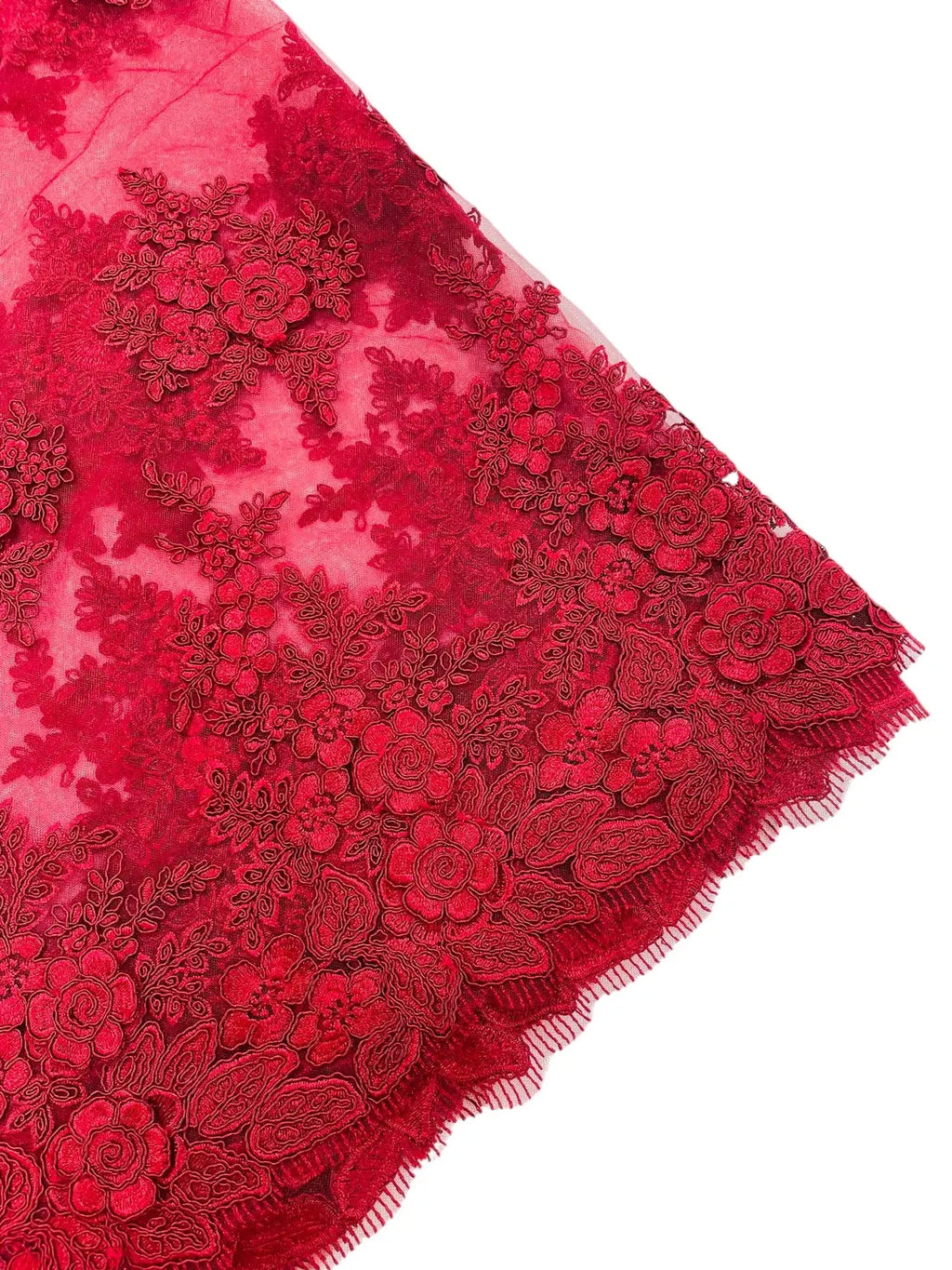 Corded Floral 3D Fabric - Burgundy - Embroidered Floral Design on Lace Mesh Fabric by Yard