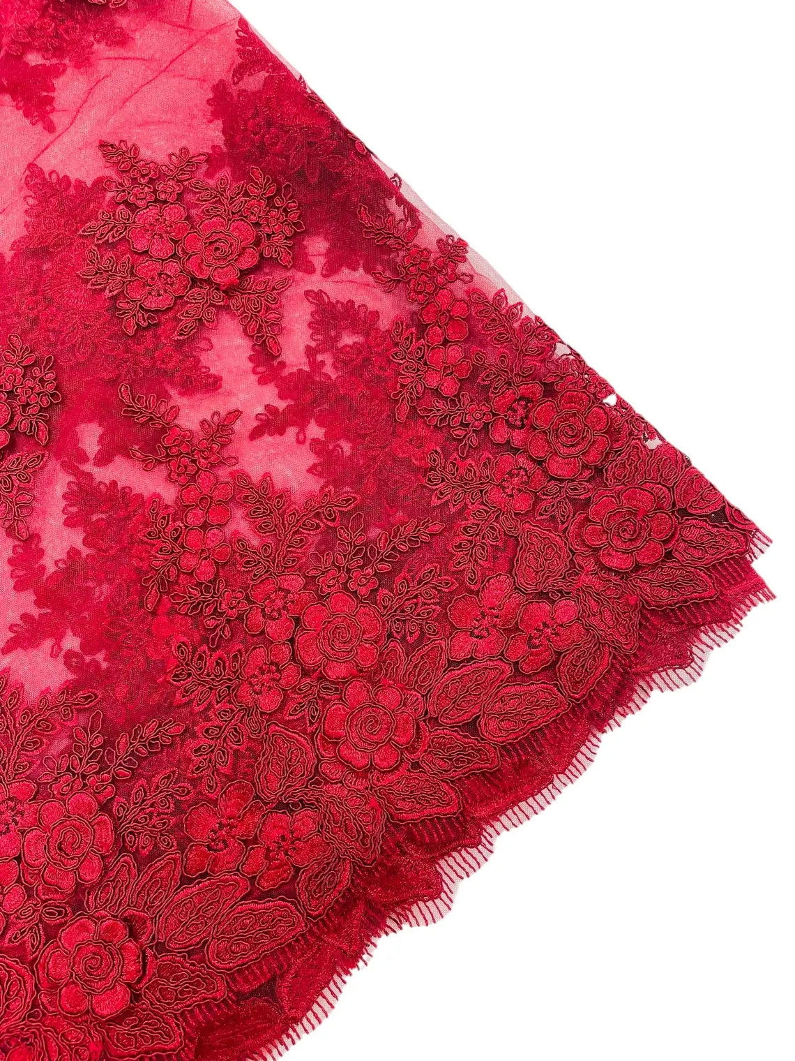 Corded Floral 3D Fabric - Burgundy - Embroidered Floral Design on Lace Mesh Fabric by Yard