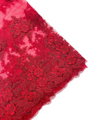 Corded Floral 3D Fabric - Burgundy - Embroidered Floral Design on Lace Mesh Fabric by Yard