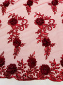 3D Flower Cluster Fabric - Burgundy - 3D Flower Leaf Design Fabric with Pearls Sold By Yard