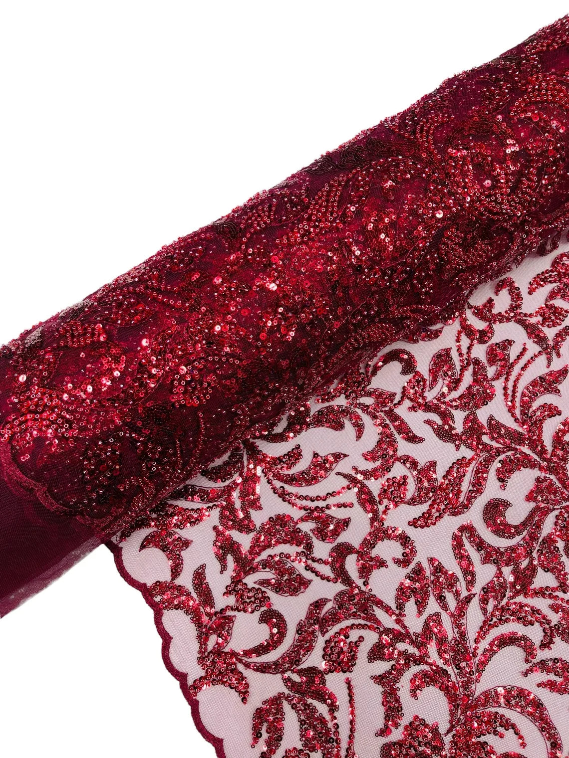 Beaded Flower Leaf Fabric - Burgundy - Shiny Beads and Sequins in Flower Design on Lace by Yard