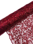 Beaded Flower Leaf Fabric - Burgundy - Shiny Beads and Sequins in Flower Design on Lace by Yard