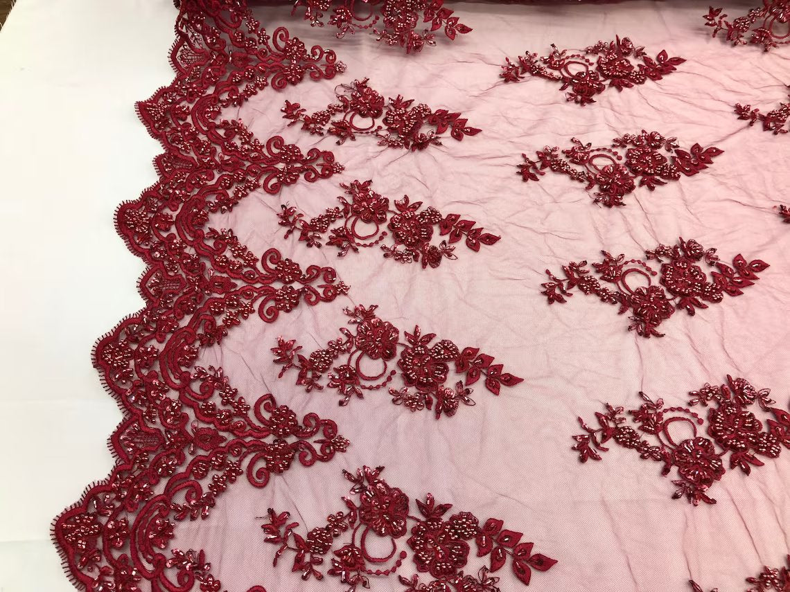 Beaded Floral Fabric - Burgundy - Embroidered Flower Cluster Beaded Fabric Sold By Yard