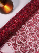 Beaded Swirl Design Fabric - Burgundy - Swirl Design with Beads and Sequins on Lace by Yard