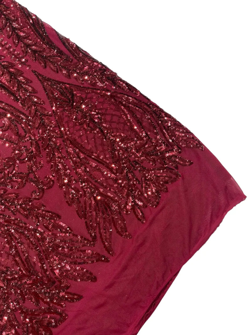 Mermaid Design Sequins Fabric - Burgundy - Sequins Fabric 4 Way Stretch on Mesh By Yard