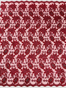 Corded Lace Floral Fabric - Burgundy - Hologram Sequins Metallic Thread Floral Fabric by Yard