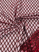 Diamond Sequins Fabric - Burgundy - Diamond Geometric Net Design on Mesh Lace Fabric By Yard