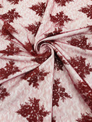 Damask Border Corded Lace - Burgundy - Floral Cluster Design Damask Border on Lace Fabric Yard