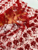 Embroidered Flower Fabric - Burgundy - Floral Design Scalloped Border Fabric By Yard