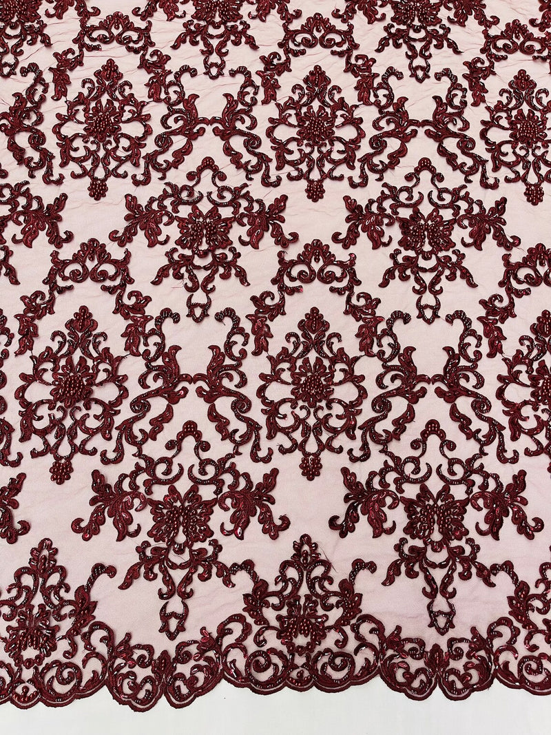 Butterfly Bead Sequins Fabric - Burgundy - Damask Beaded Sequins Lace Fabric by the yard