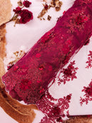 3D Floral Pearl Design - Burgundy - Floral Embroidered Pearls and Sequins Fabric By Yard