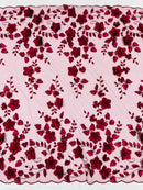3D Floral Pearl Fabric - Burgundy - Embroidered Floral Pearl Fabric Double Border On Mesh By Yard