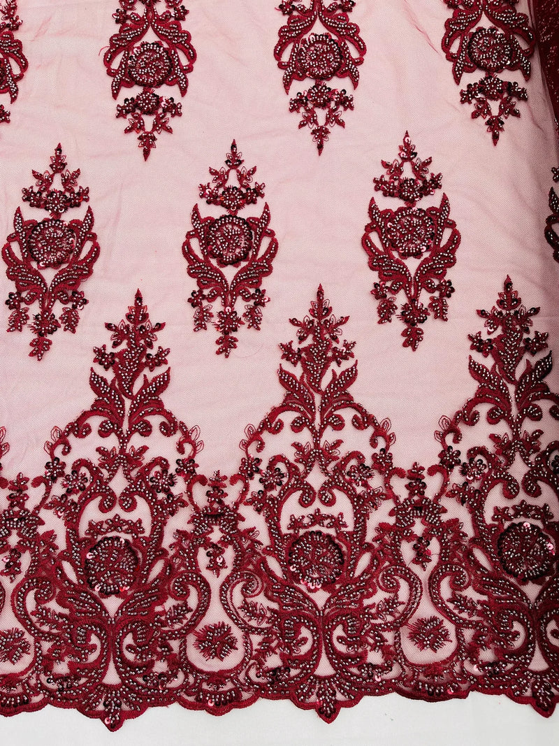 Floral Bead Embroidery Fabric - Burgundy - Damask Floral Bead Bridal Lace Fabric by the yard