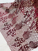 Damask on Net Lace Fabric - Burgundy - Embroidered Lace Mesh Damask Design Fabric by Yard