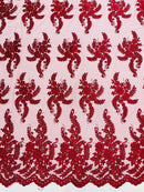 Long Leaf Designs Lace Fabric - Burgundy - Embroidered Braid Leaf Pattern on Lace Mesh Fabric By Yard