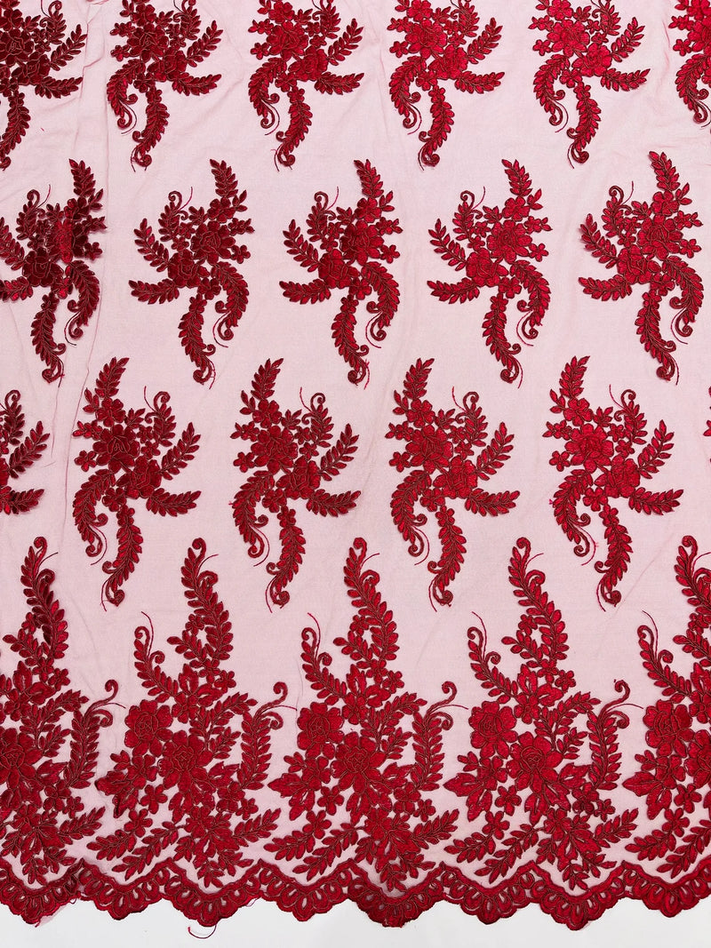 Long Leaf Designs Lace Fabric - Burgundy - Embroidered Braid Leaf Pattern on Lace Mesh Fabric By Yard