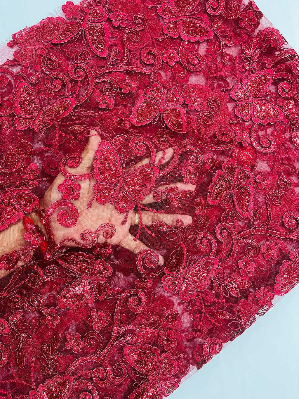 Butterfly Swirl Lace Fabric - Burgundy - Metallic Sequins Design on Lace Fabric By Yard