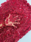 Butterfly Swirl Lace Fabric - Burgundy - Metallic Sequins Design on Lace Fabric By Yard