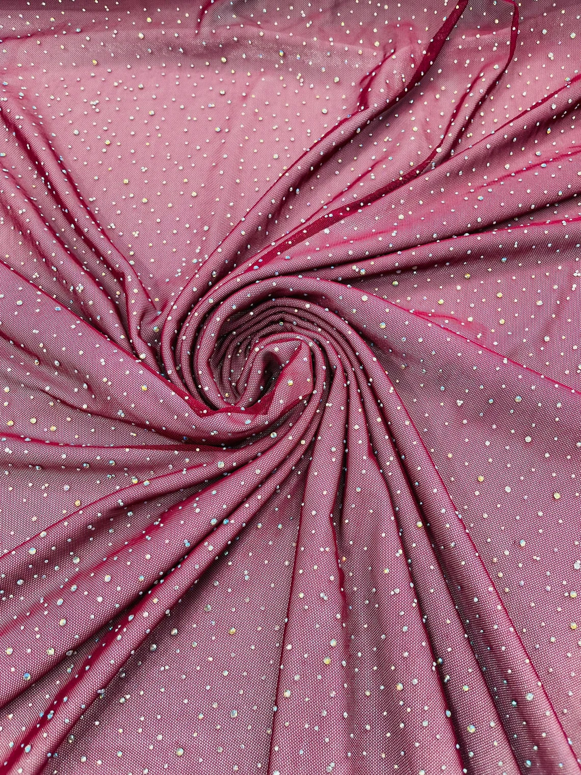Power Mesh Polyester Rhinestone Fabric - Burgundy - 4 Way Stretch Power Mesh Fabric Crystal Stones By Yard