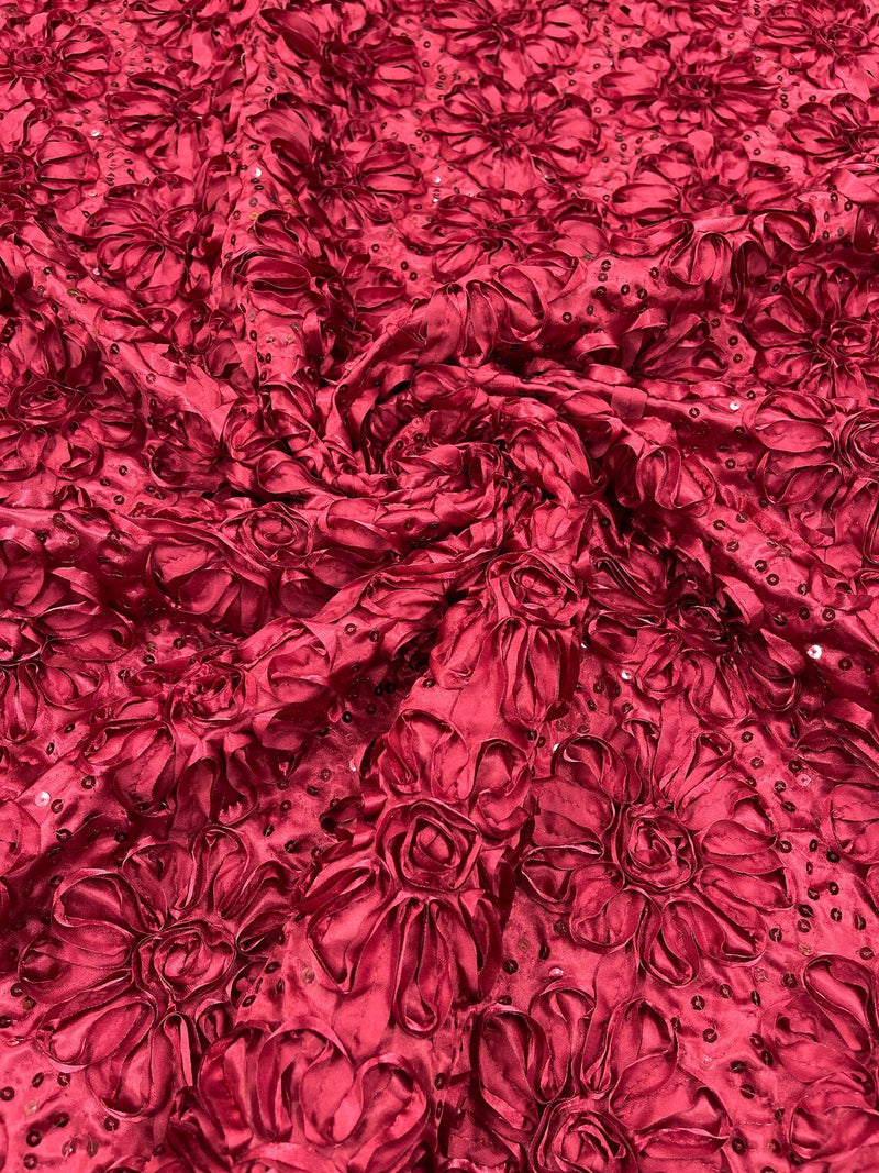 Satin Rosette Sequins Fabric - Burgundy - 3D Rosette Satin Rose Fabric with Sequins By Yard