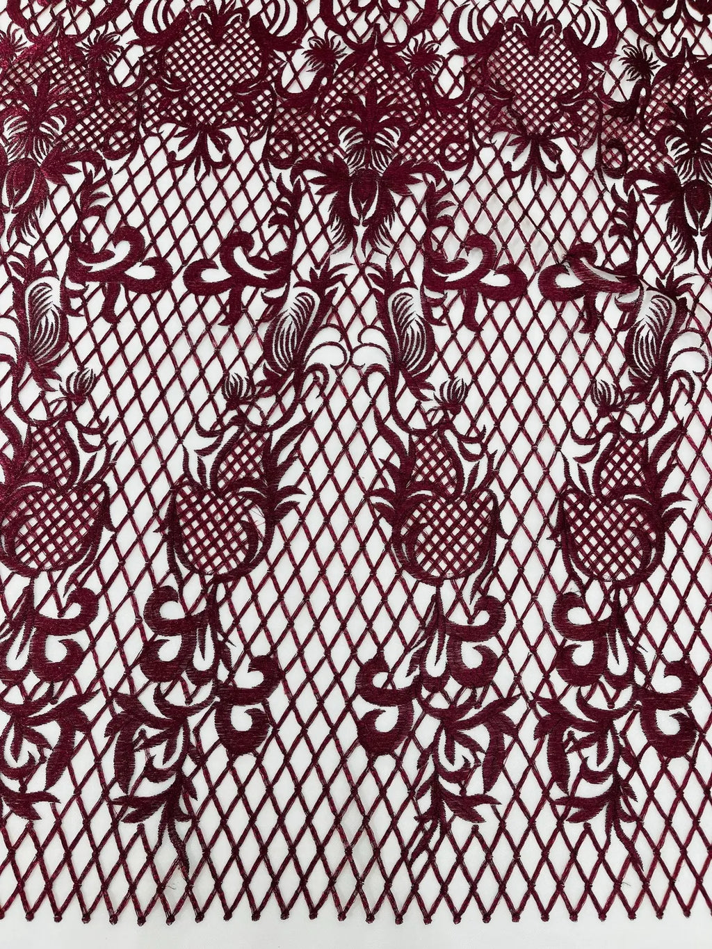 Damask on Net Lace Fabric - Burgundy - Embroidered Lace Mesh Damask Design Fabric by Yard