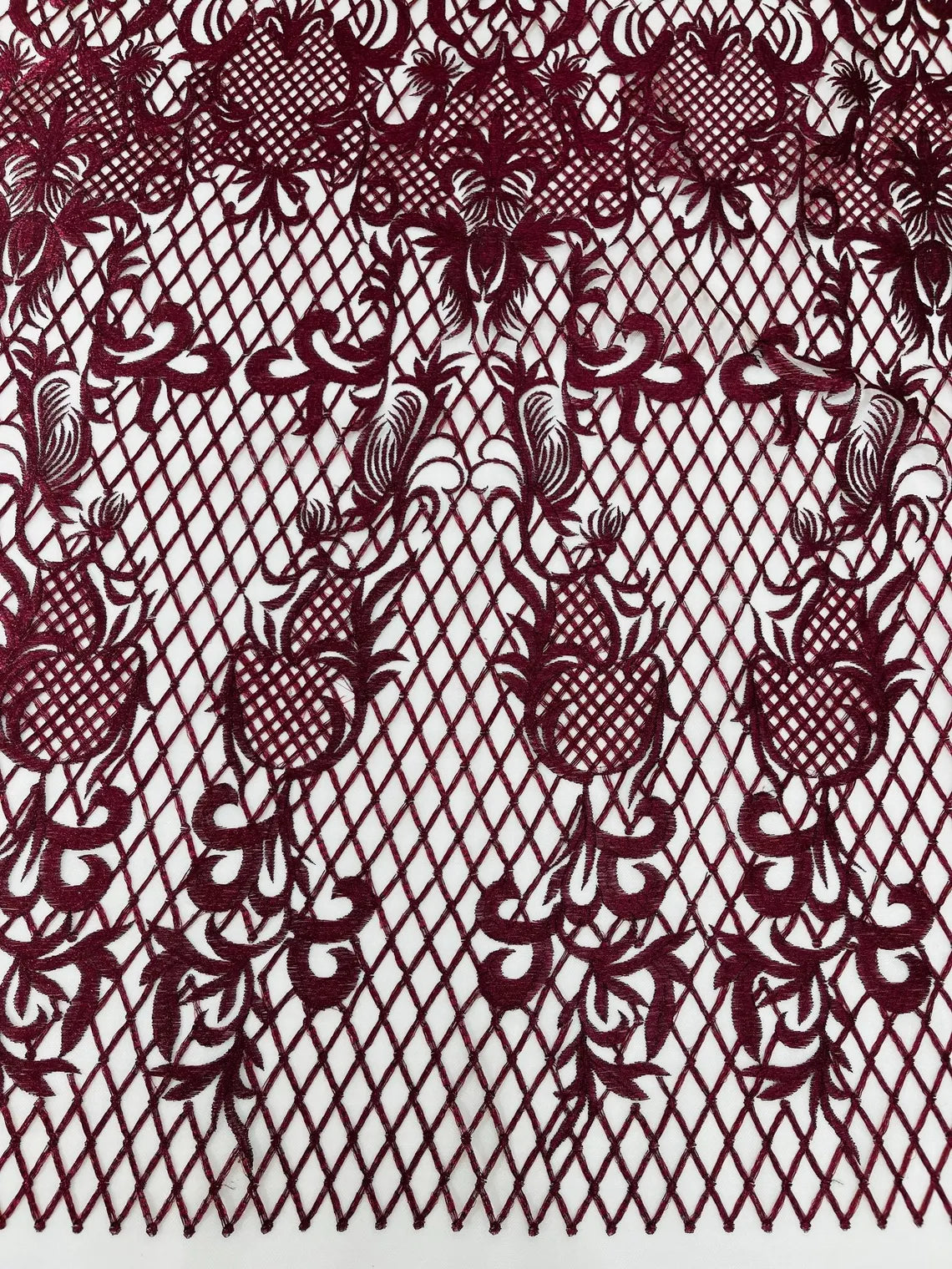 Damask on Net Lace Fabric - Burgundy - Embroidered Lace Mesh Damask Design Fabric by Yard