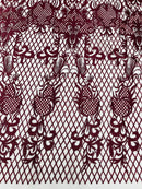 Damask on Net Lace Fabric - Burgundy - Embroidered Lace Mesh Damask Design Fabric by Yard